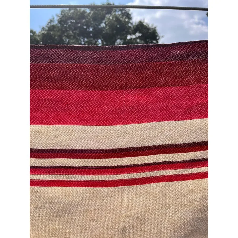 Vintage Red Striped Tablecloth with Embroidered Floral Center Motif